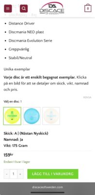 Begagnade discgolfdiscar – klickbar bild visar skick, vikt, pris och märkning